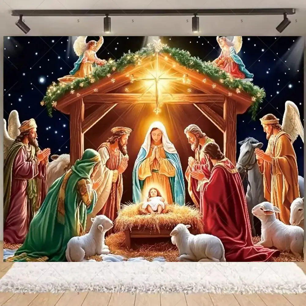 Traditional Nativity Scene Backdrop with Starry Night Sky — Christmas Party Backdrop