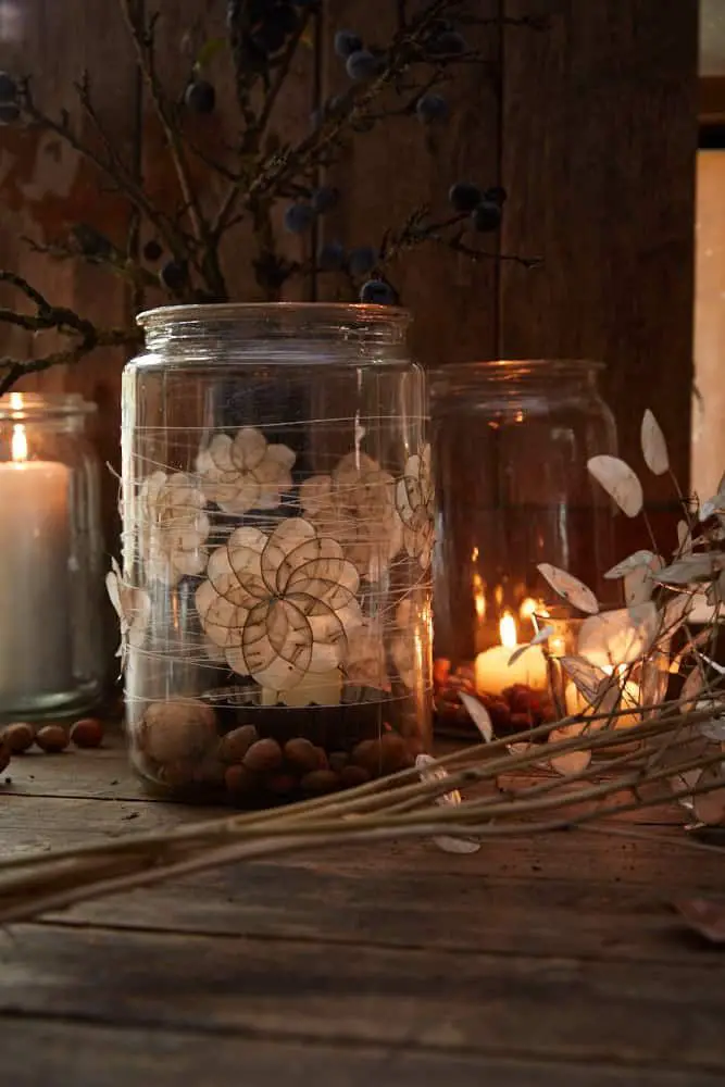Rustic Glass Jars with Candles and Dried Branches — Winter Decor After Christmas