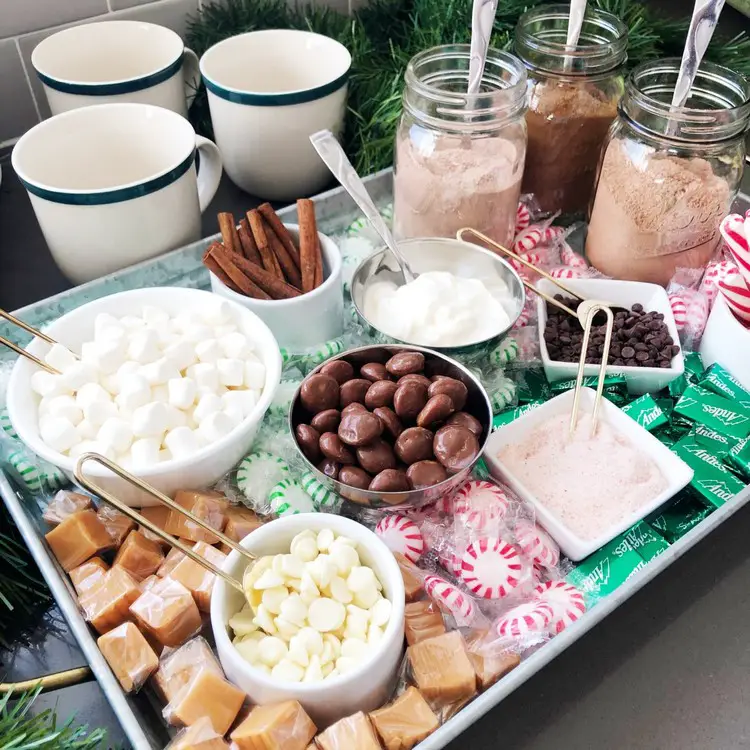 Kitchen Counter Festive Hot Cocoa Bar Tray with Abundant Toppings — Christmas Hot Cocoa Bar