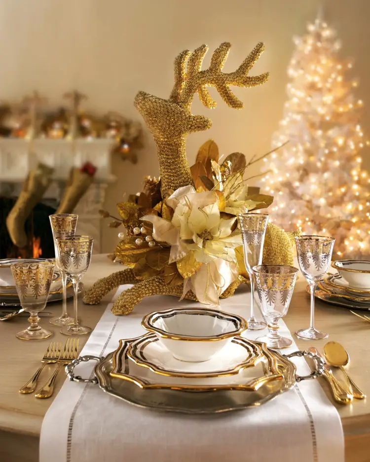Glamorous Reindeer Centerpiece with Poinsettias and Gold Accents Glamorous Reindeer Centerpiece with Poinsettias and Gold Accents — Christmas Wedding Centerpiece