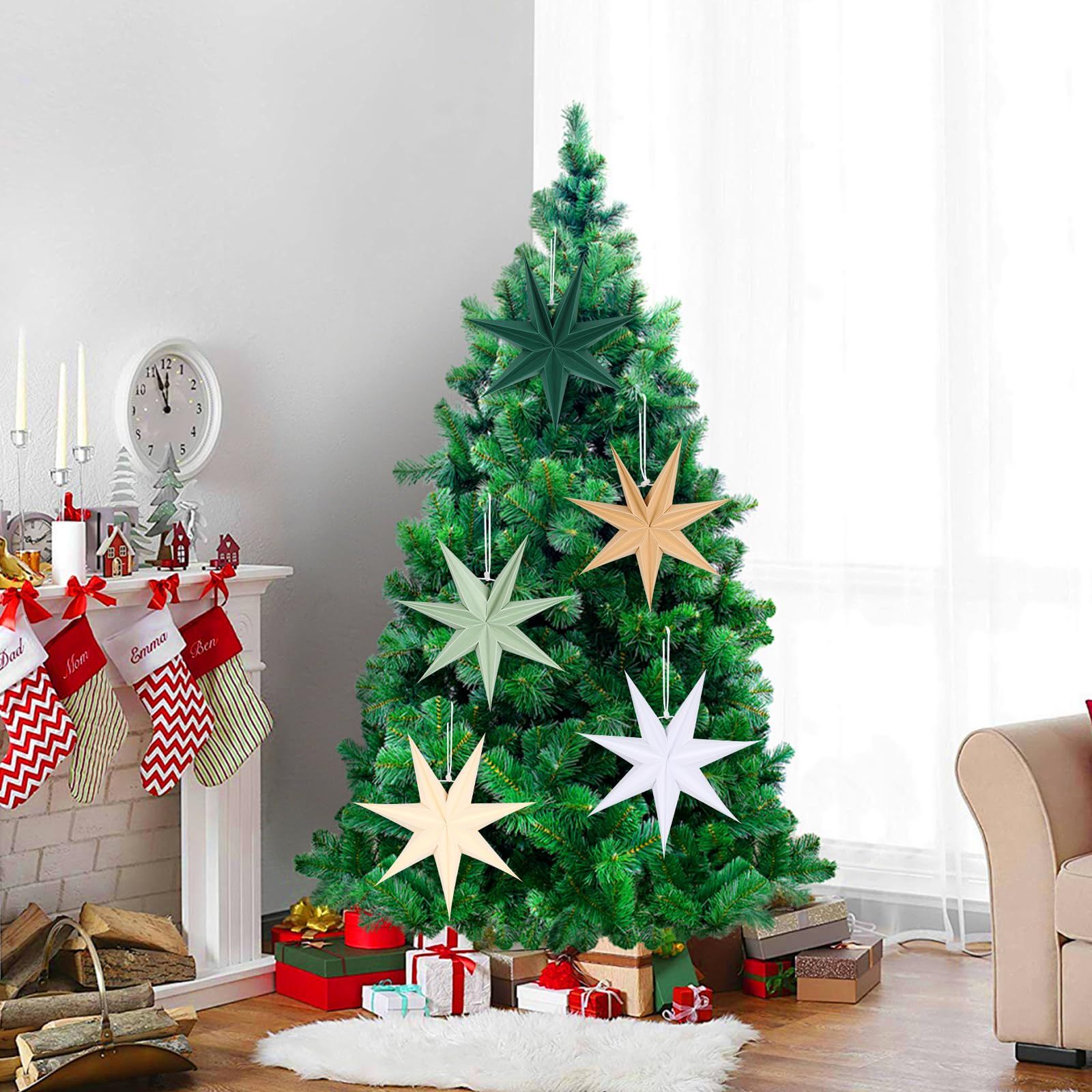Medium Shot Christmas Tree Adorned with Sage Green Paper Stars Medium Shot Christmas Tree Adorned with Sage Green Paper Stars — Sage Green Christmas Decor