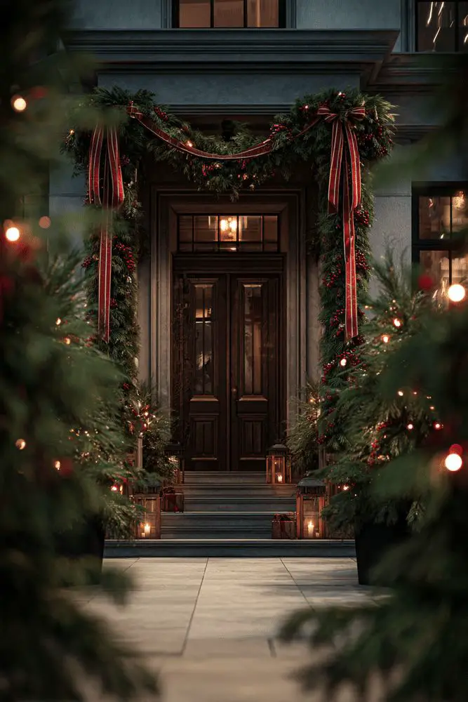 Grand Doorway Framed by Evergreen Garlands and Festive Lights — Small Christmas Porch