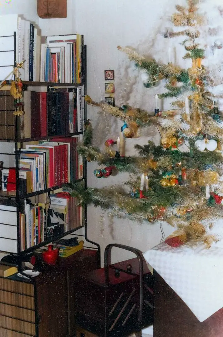 Eclectic Bookshelf with a Festive Christmas Tree Backdrop Eclectic Bookshelf with a Festive Christmas Tree Backdrop — Christmas Bookshelf Decor