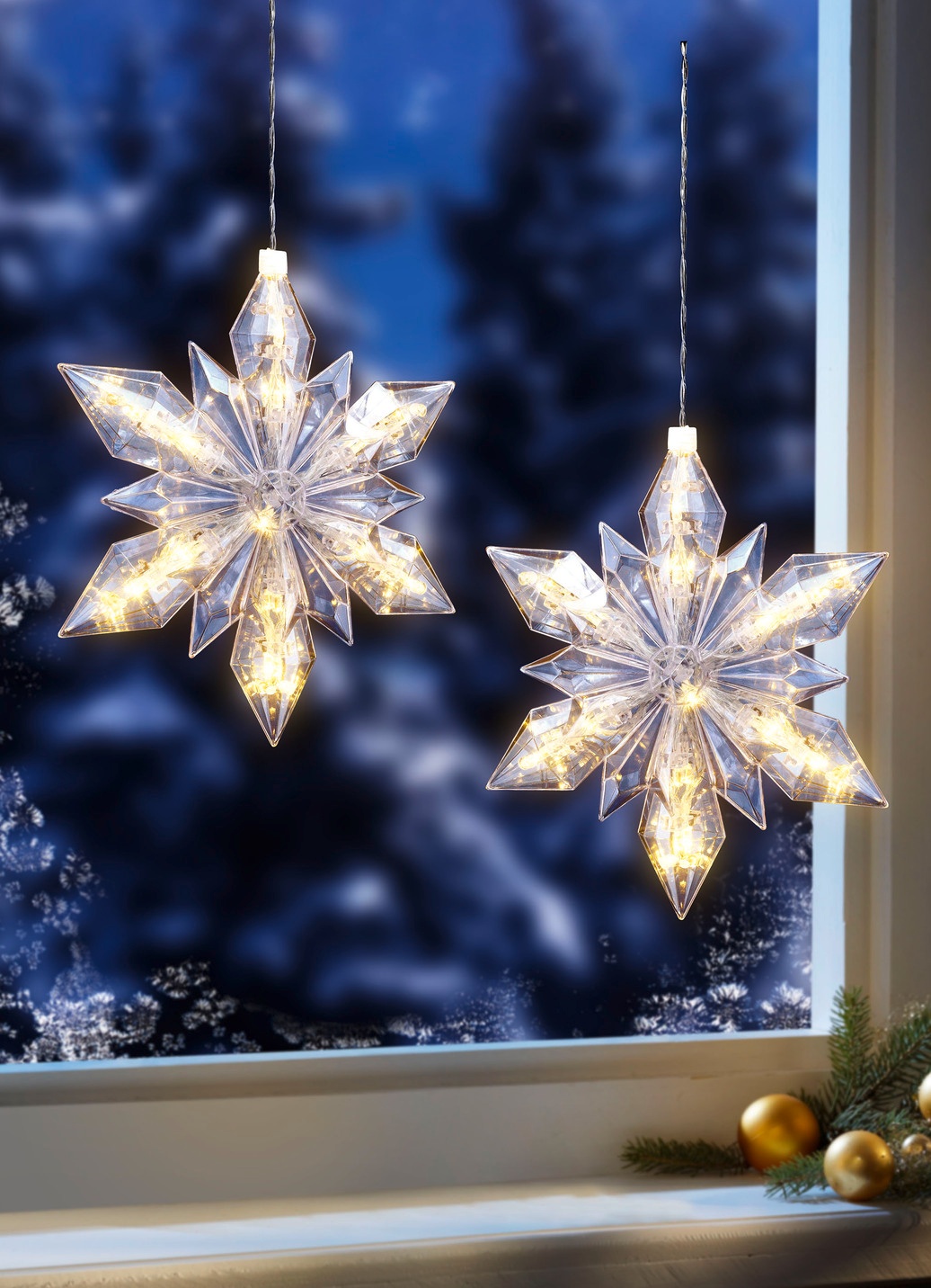 Glowing Snowflake Lights with Gold Baubles Glowing Snowflake Lights with Gold Baubles — Christmas Window Decor Outdoor