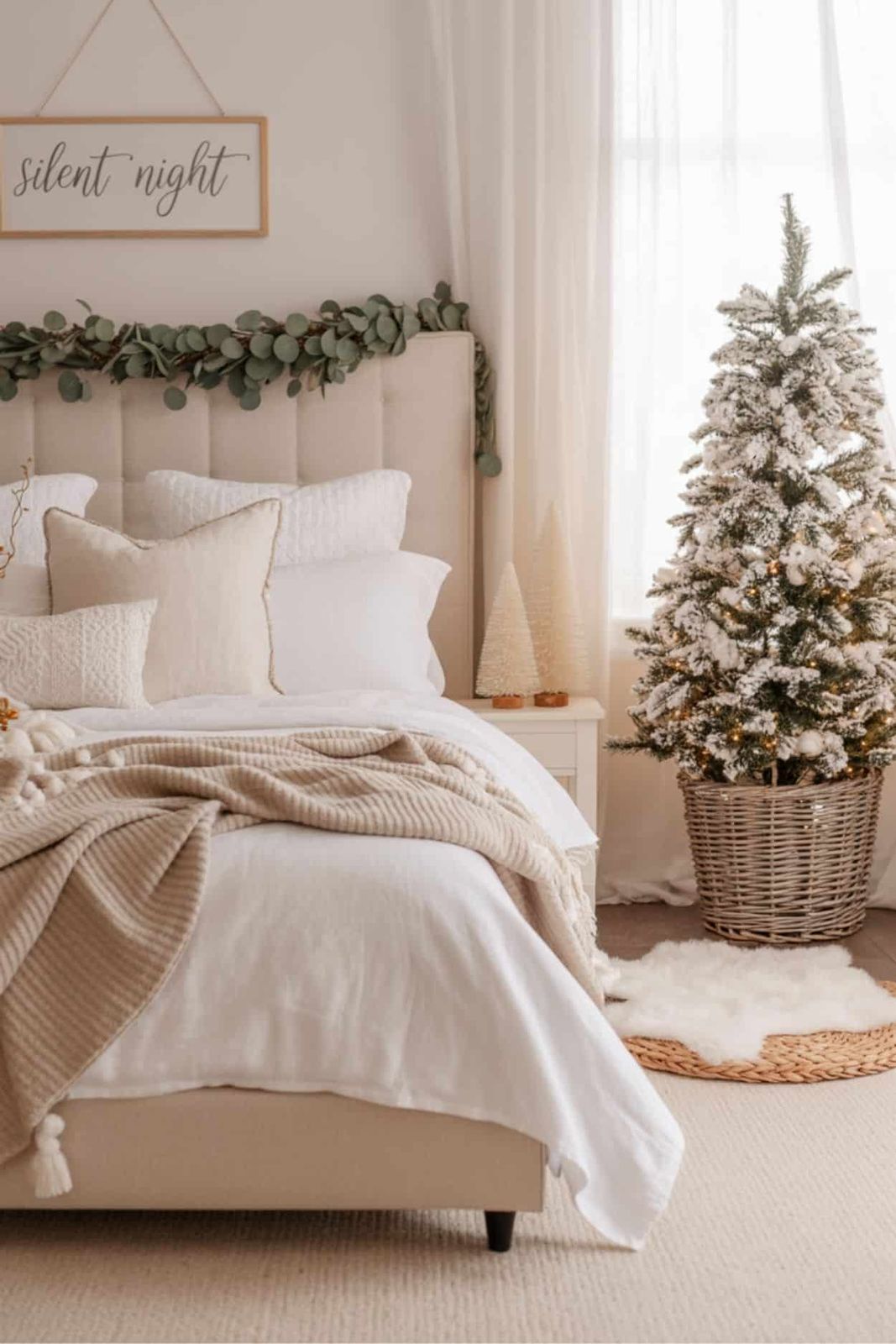 Minimalist Bedroom with Flocked Tree and Eucalyptus Garland — Christmas Bedroom Decor