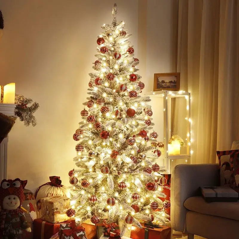 Flocked Slim Tree with Red and White Ornaments in a Spacious Room Flocked Slim Tree with Red and White Ornaments in a Spacious Room — Slim Christmas Tree Decor