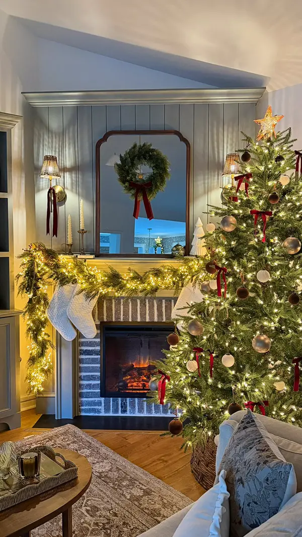 Festive Living Room with Tree, Fireplace, and Garland — Traditional Christmas Decor