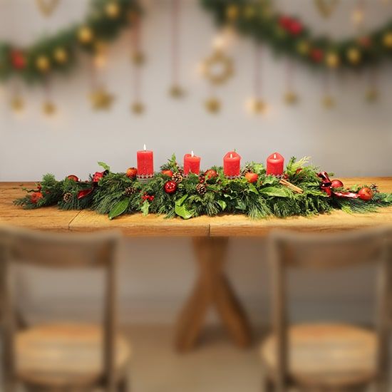 Traditional Evergreen Garland Centerpiece with Red Apples and Cinnamon Traditional Evergreen Garland Centerpiece with Red Apples and Cinnamon — Christmas Centerpiece