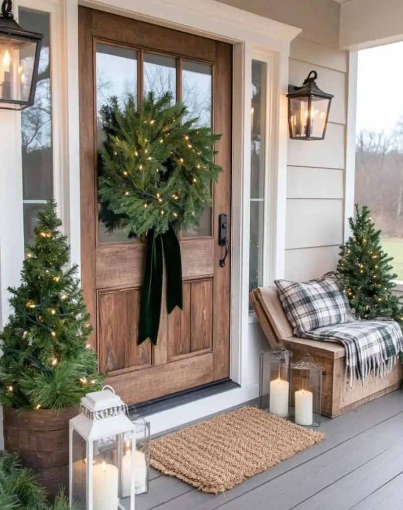 Rustic Farmhouse Porch with Lit Wreath and Bench Rustic Farmhouse Porch with Lit Wreath and Bench — Farmhouse Christmas Porch