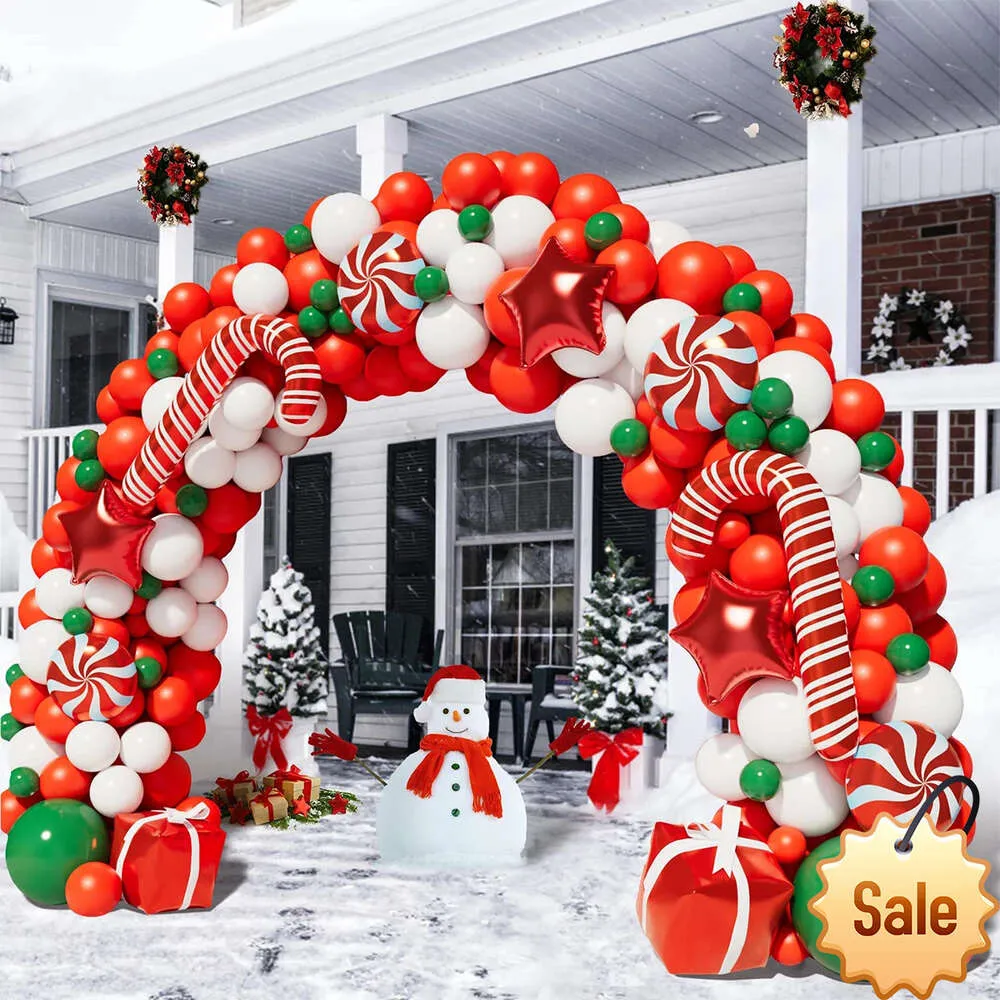 Outdoor Balloon Arch with Candy Cane and Snowman Figures for Doorway — Christmas Balloon Garland