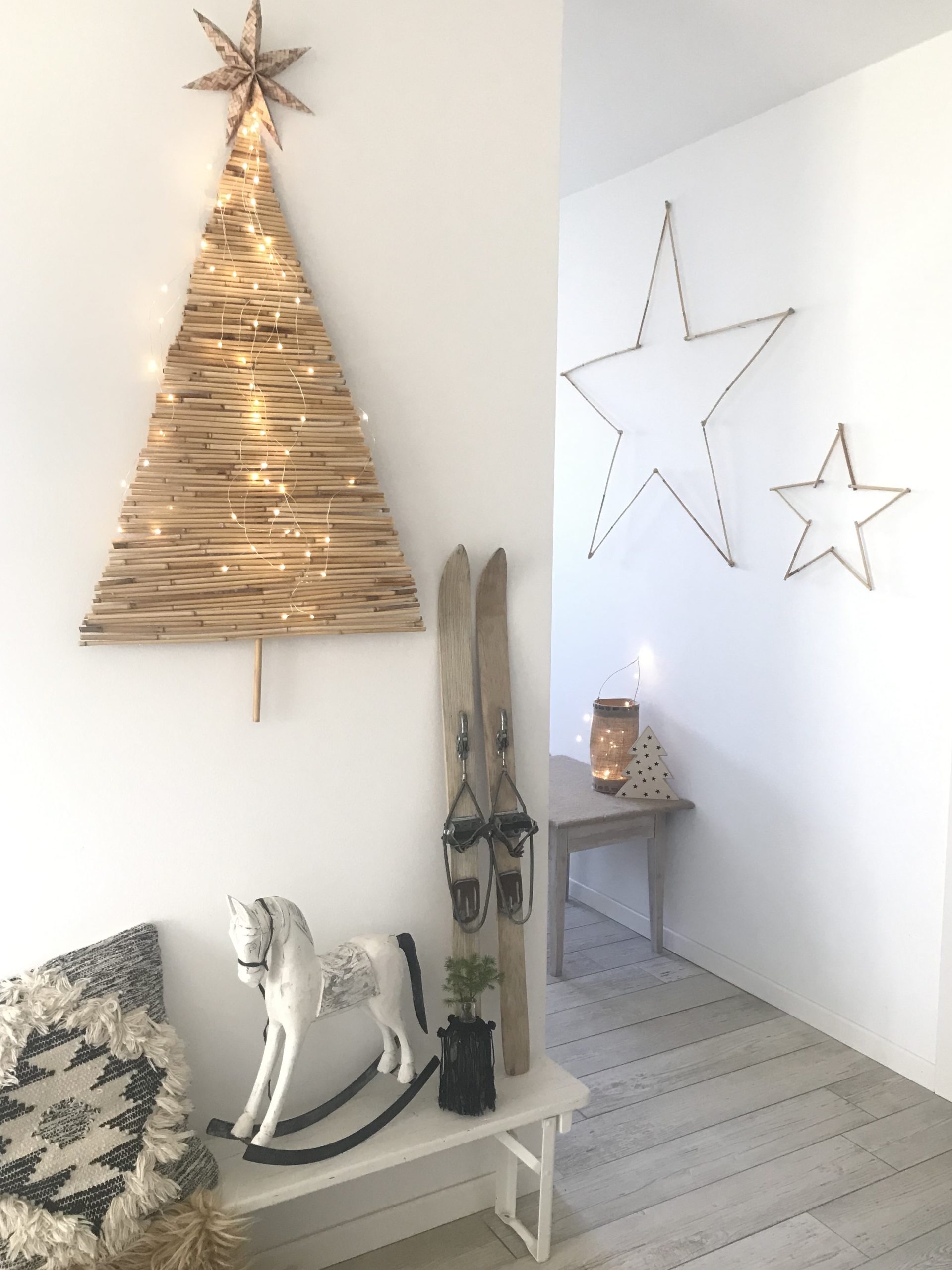 Boho Bamboo Wall Tree with String Lights in Hallway — Wall Christmas Tree