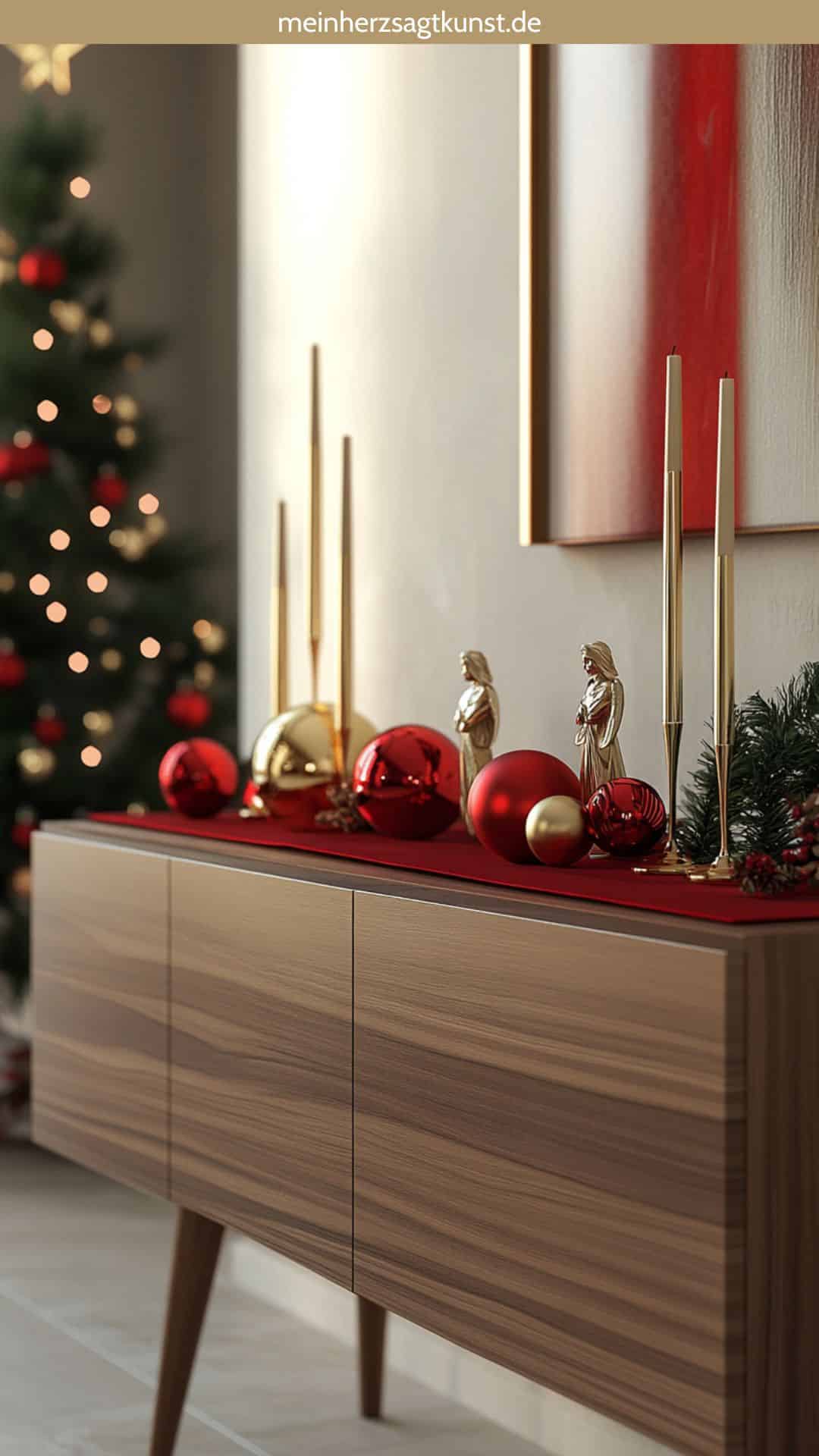Modern Console Table with Red Runner and Gold Accents Modern Console Table with Red Runner and Gold Accents — Red and Gold Christmas Decor