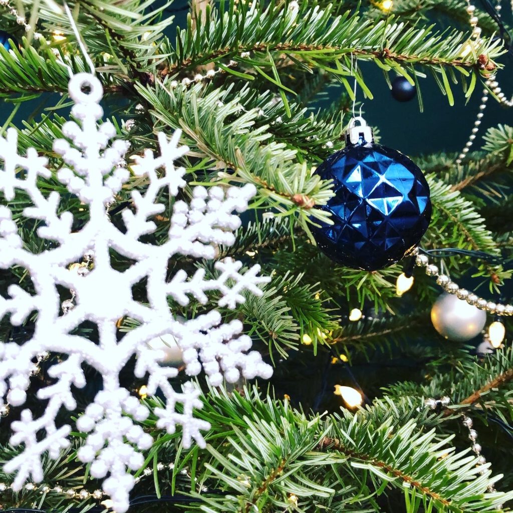 Blue Faceted Bauble and White Snowflake Ornament — Blue and Silver Christmas Tree