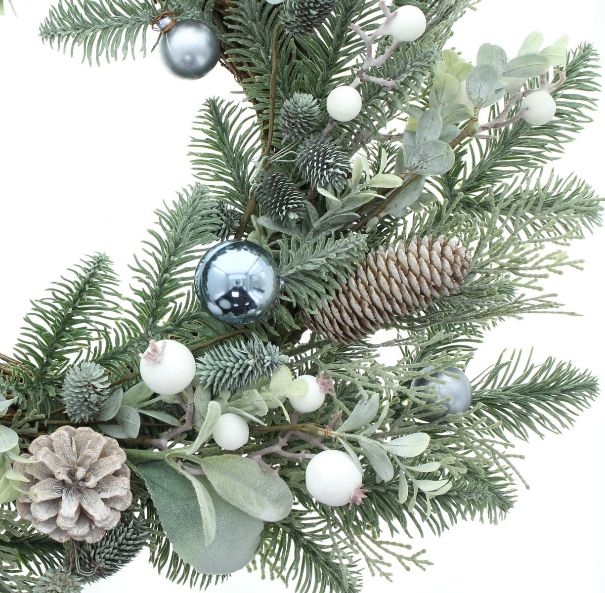 Winter Wreath with Frosted Pinecones and Silver Ornaments Winter Wreath with Frosted Pinecones and Silver Ornaments — Ornament Wreath