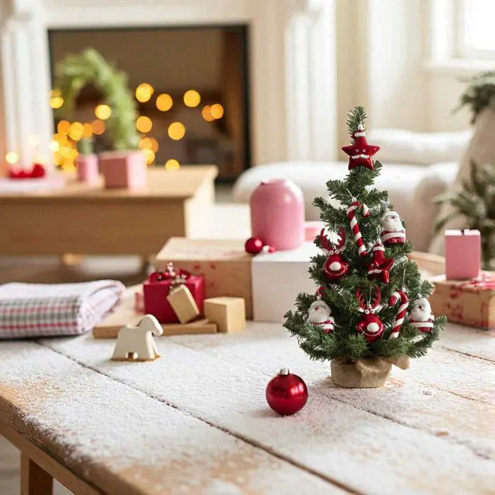 Small Decorative Christmas Tree with Red Accents on a Red Base Small Decorative Christmas Tree with Red Accents on a Red Base — Red and Green Christmas Tree