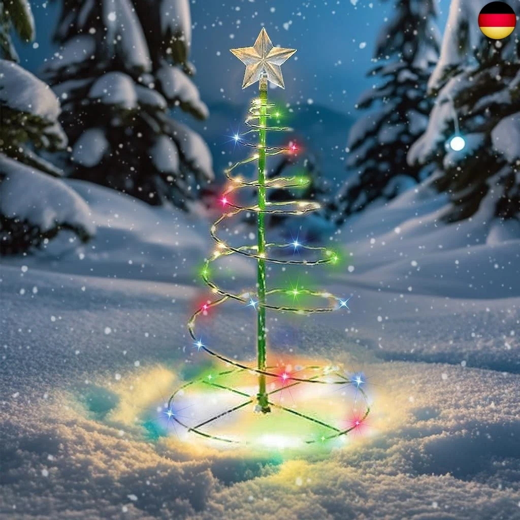 Multi-Colored Spiral Tree Lights Up Snowy Ground Multi-Colored Spiral Tree Lights Up Snowy Ground — Christmas Tree Lights
