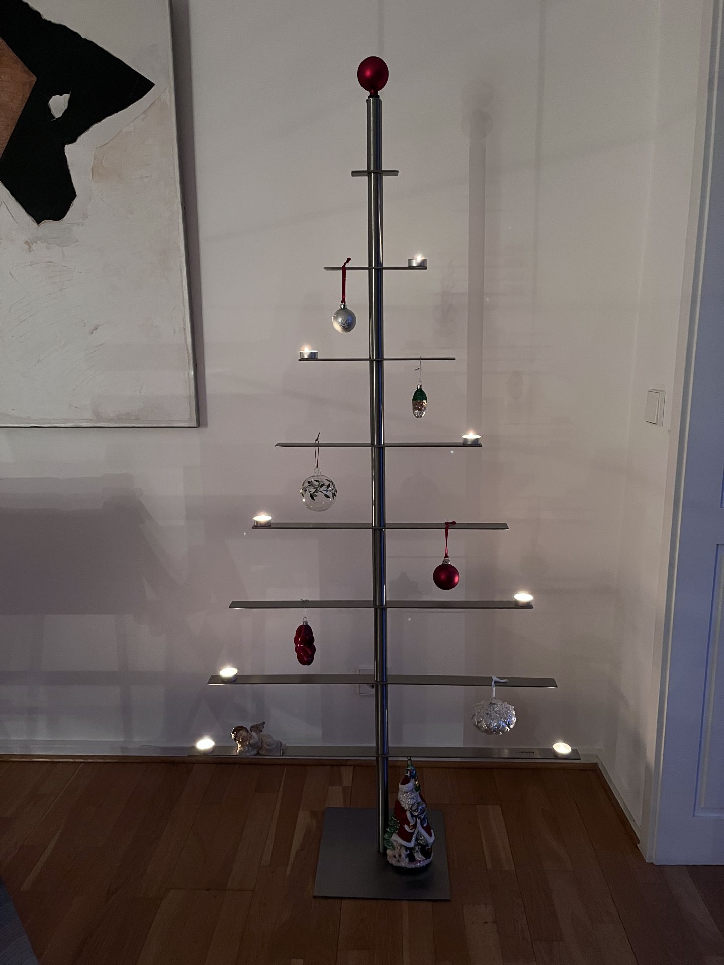 Sleek Stainless Steel Christmas Tree with Red Accent — Minimalist Christmas Tree