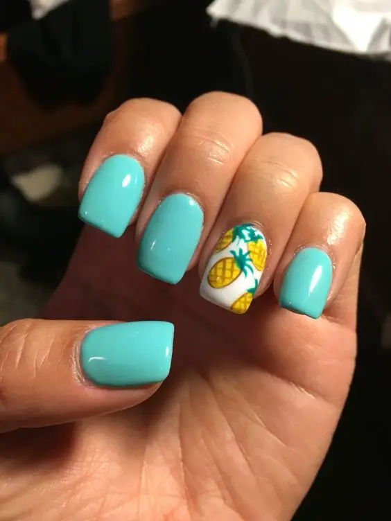 Turquoise Short Square Nails With Pineapple Accent Turquoise Short Square Nails With Pineapple Accent — pineapple nails ideas 2027