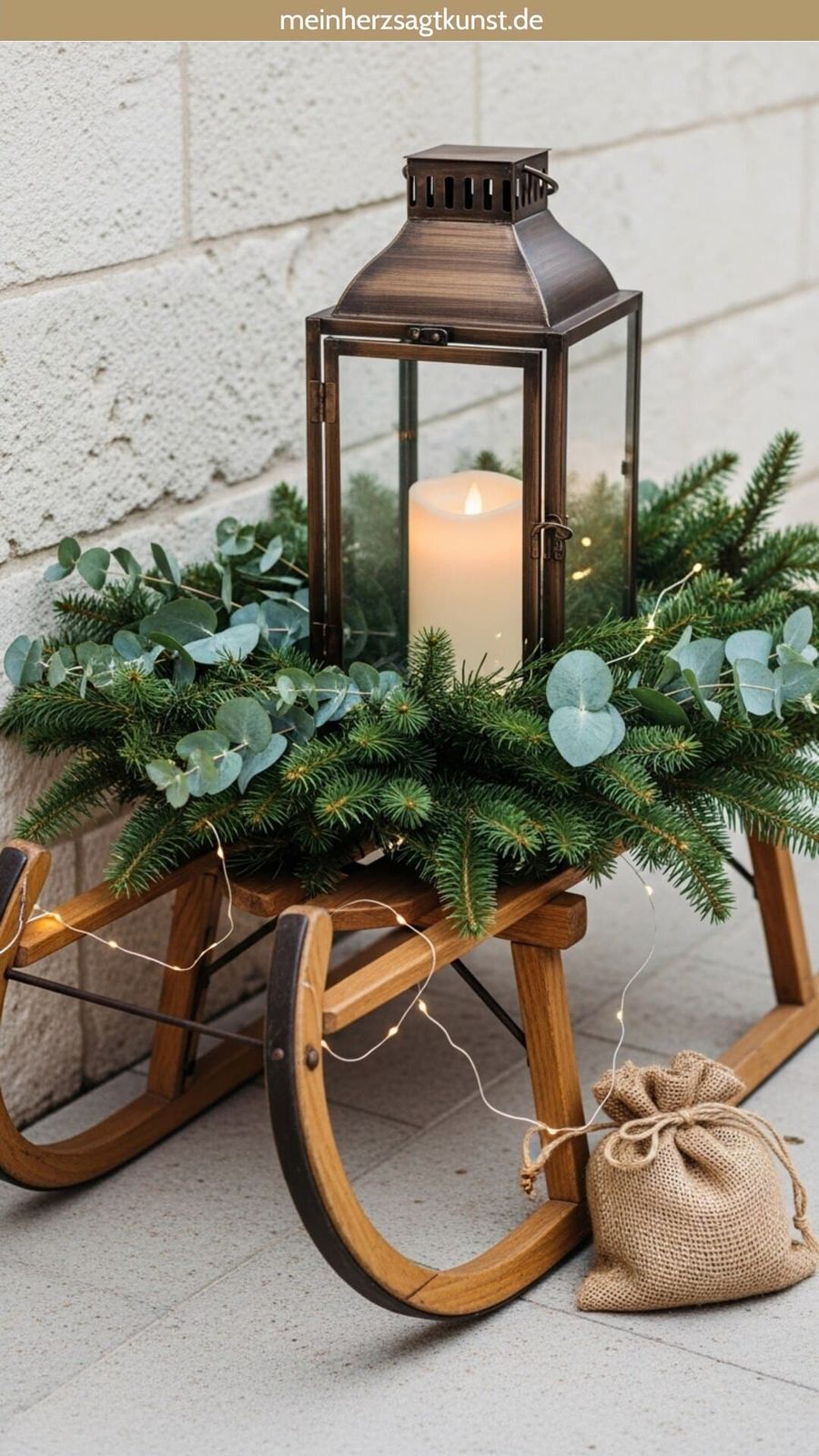 Rustic Sled Vignette with Garland and String Lights — Outdoor Christmas Lights