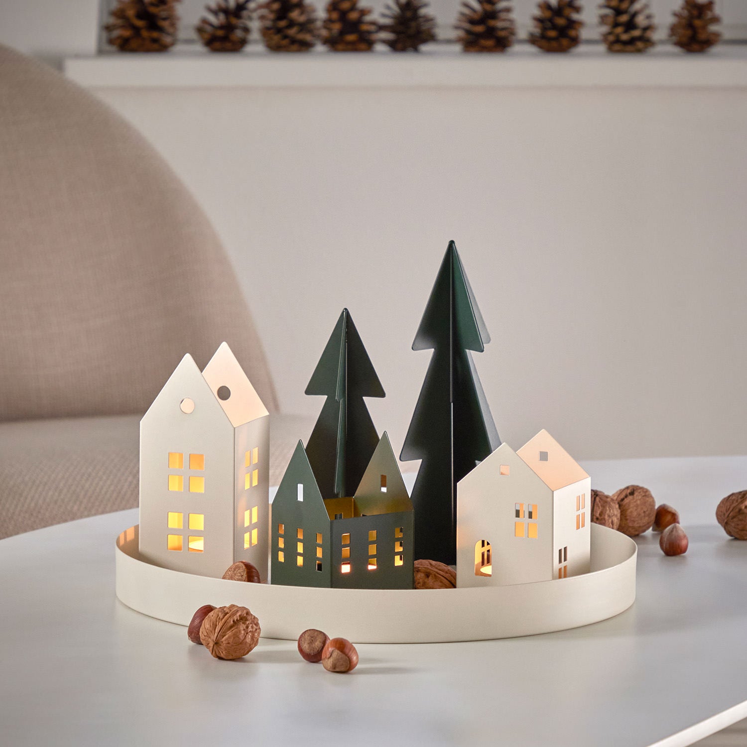 Modern Tiered Tray with Illuminated Paper Houses and Nuts — Christmas Tiered Tray