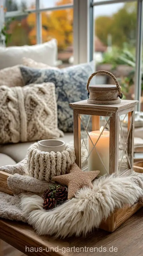 Cozy Rustic Tray with Lantern and Knit Mug Cozy Cozy Rustic Tray with Lantern and Knit Mug Cozy — Christmas Coffee Table Decor