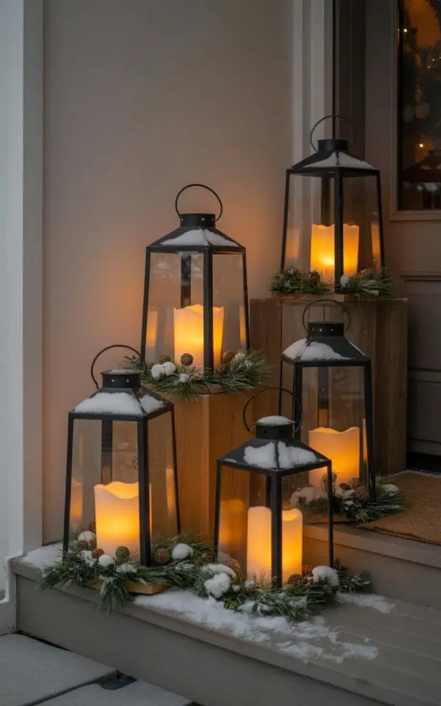 Group Black Metal Lanterns with Faux Snow for Cozy Steps — Christmas Porch Lanterns