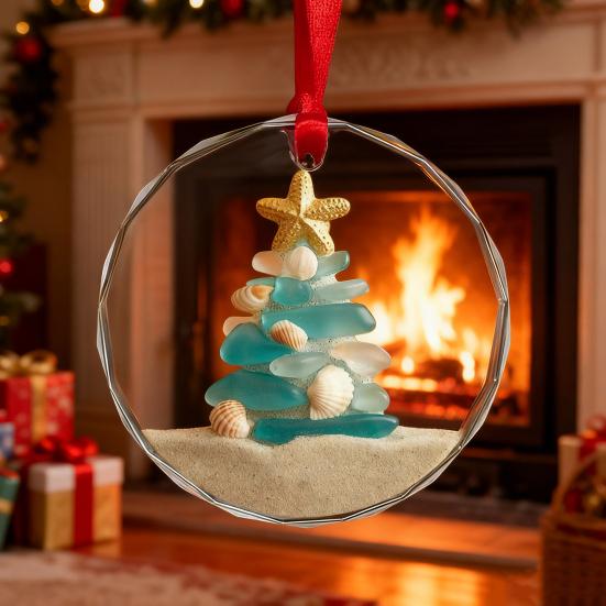 Hanging Ornament In Front Of Fireplace Ornament with Sea Glass Christmas Tree on Mantel Hanging Ornament In Front Of Fireplace Ornament with Sea Glass Christmas Tree on Mantel — Coastal Christmas Decor