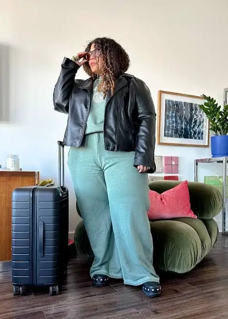 Velour Tracksuit Paired with Leather Jacket Velour Tracksuit Paired with Leather Jacket — Plus Size Outfits 2027