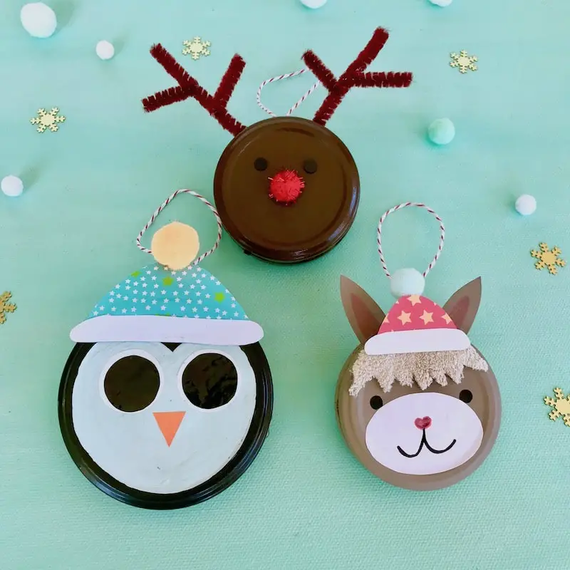 Whimsical Bottle Cap Animal Ornaments — Christmas Crafts for Kids