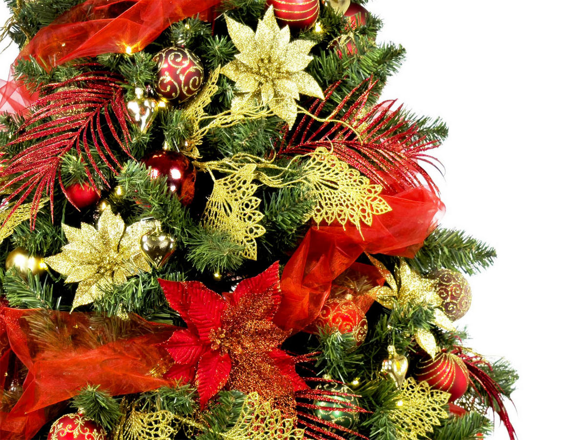 Luxurious Christmas Tree with Red and Gold Ornaments and Poinsettias Luxurious Christmas Tree with Red and Gold Ornaments and Poinsettias — Red and Gold Christmas Tree