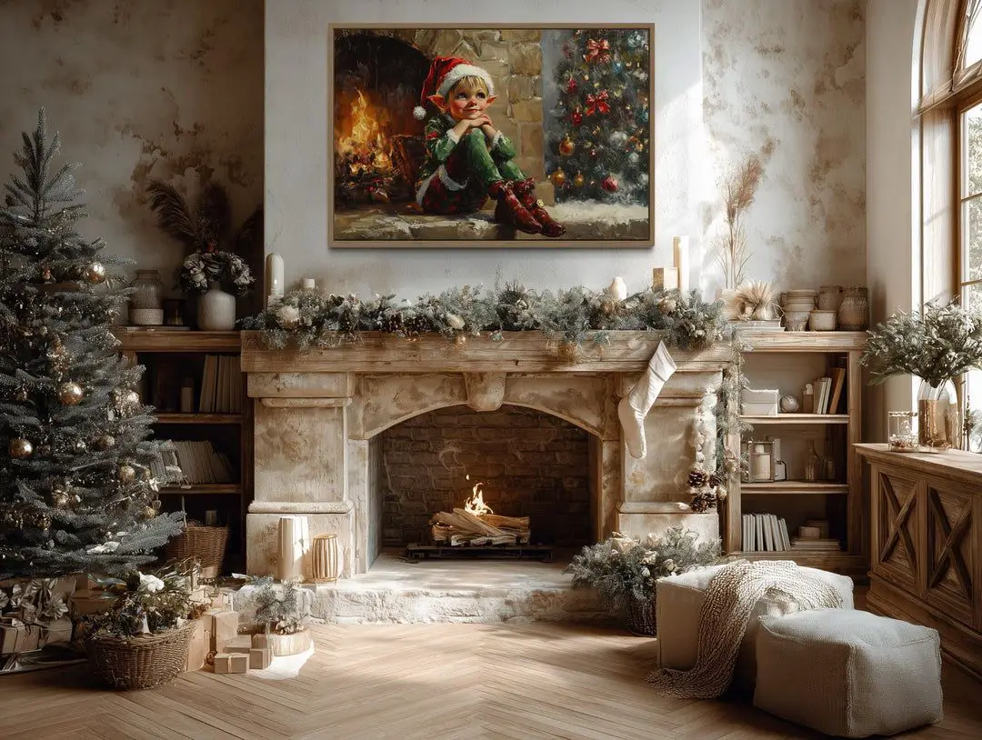 Grand Stone Fireplace with Lush Garland and Artwork — Christmas Fireplace Decor