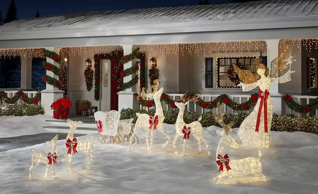 Magical Front Porch with Illuminated Reindeer, Sleigh, and Angel Magical Front Porch with Illuminated Reindeer, Sleigh, and Angel — Christmas Light Display Ideas