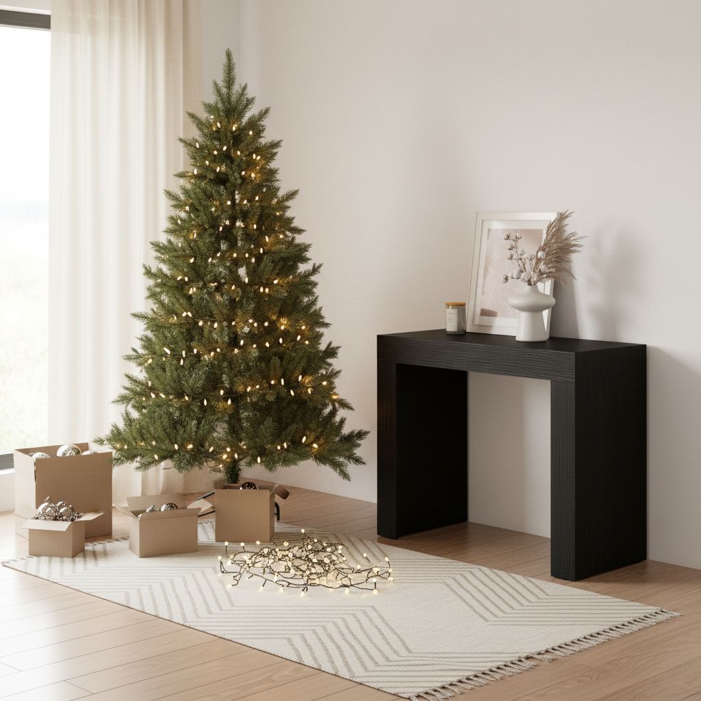 Neutral Modern Living Room with a Green and Gold Tree — Christmas Tree Color Schemes