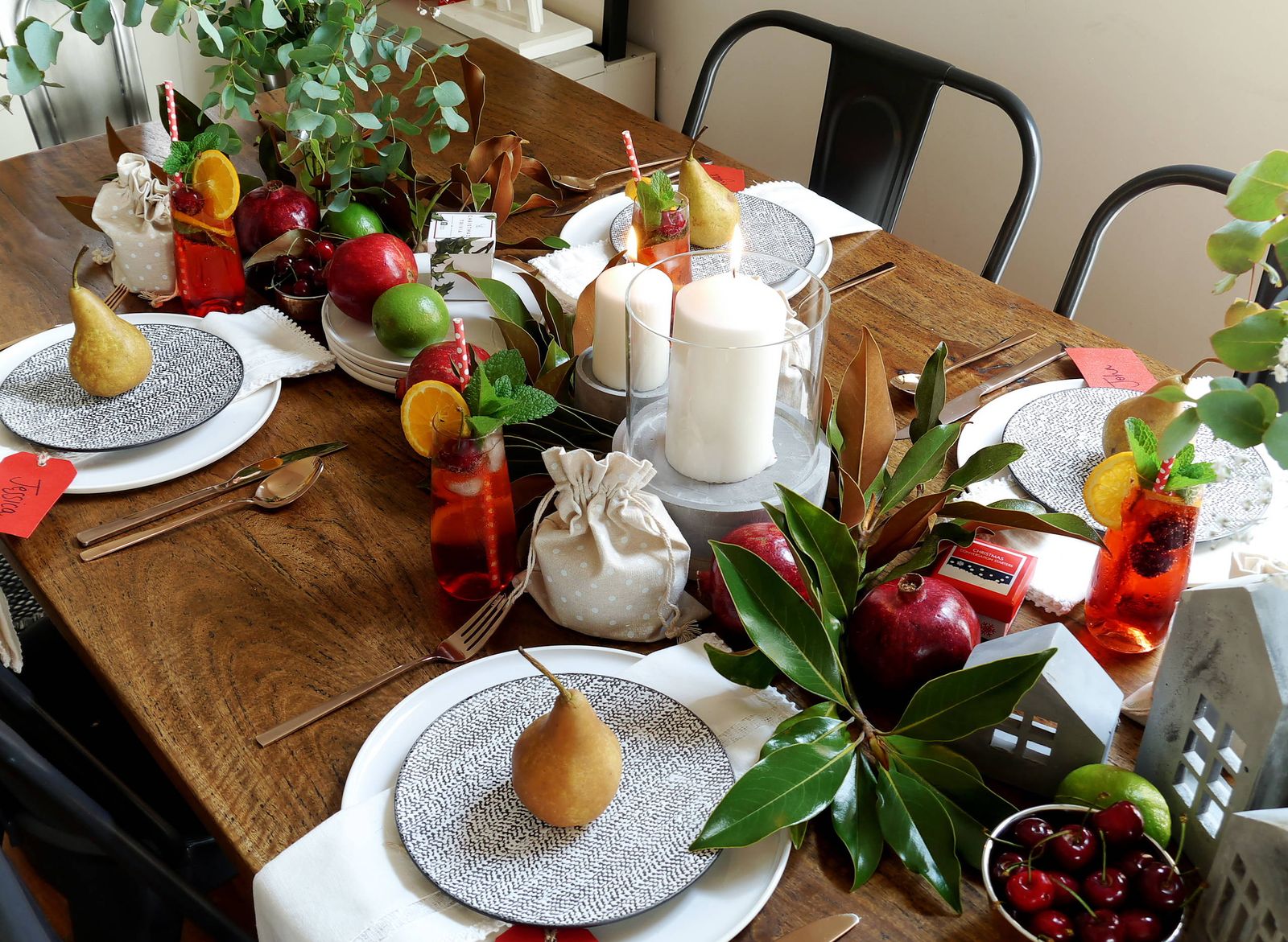 Modern Overhead View with Patterned Plates and Concrete Houses — Christmas Table Setting