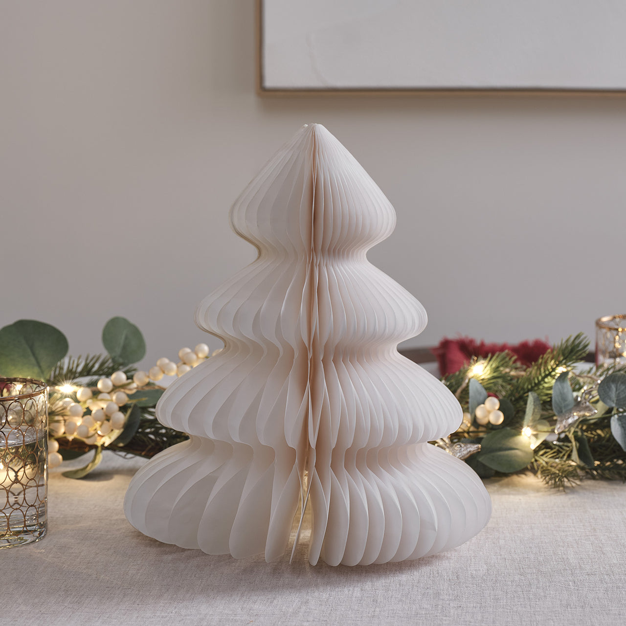 Tabletop Folded Paper Tree with Berry Garland — Neutral Christmas Tree