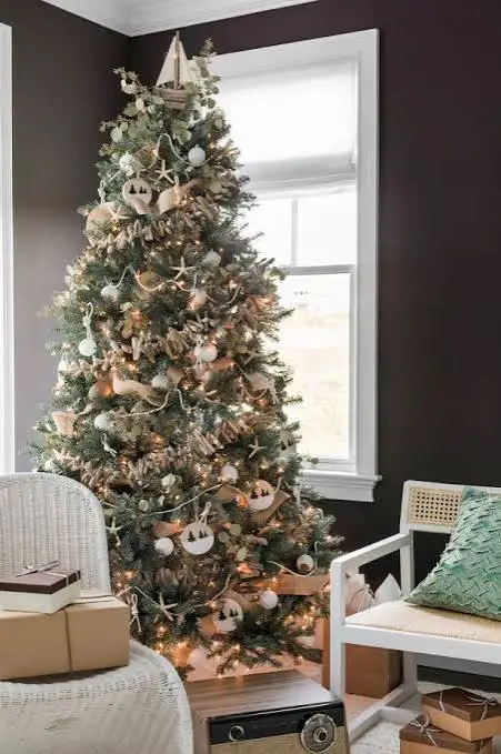 Coastal Christmas Tree Adorned with Shells and Starfish Coastal Christmas Tree Adorned with Shells and Starfish — Coastal Christmas Decor
