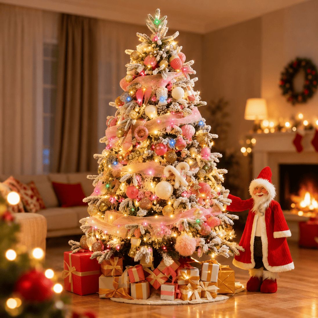 Tree Centered Gifts Around Base Cozy Living Room with Large Pink and Gold Christmas Tree