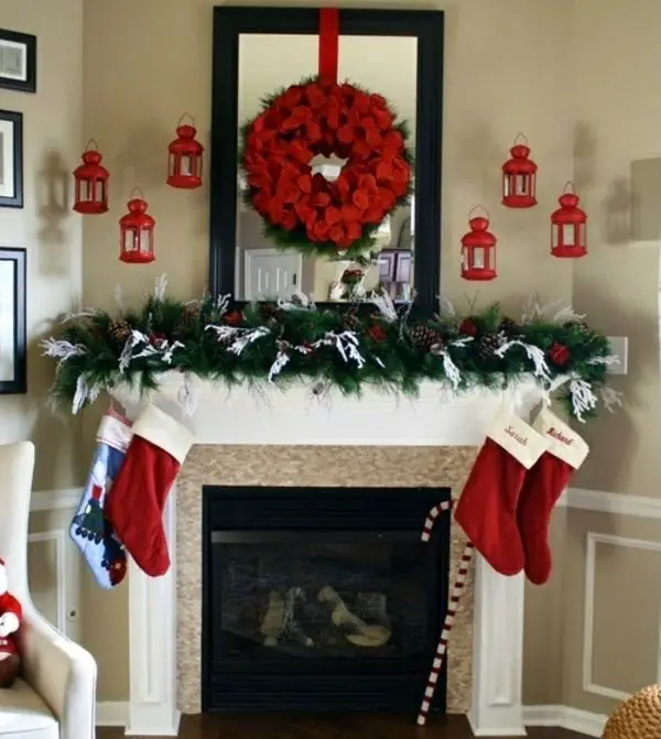 Red Green White Blue Traditional Mantel Styling Variation Red Green White Blue Traditional Mantel Styling Variation — Christmas Mantel Decor