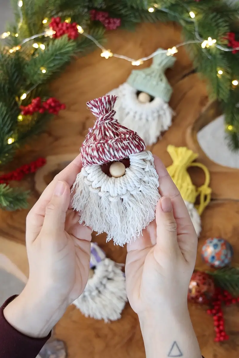 Handmade Macrame Gnomes with Festive Striped Hats Handmade Macrame Gnomes with Festive Striped Hats — Dollar Tree Christmas Decor