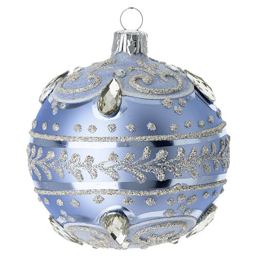 Matte Light Blue Ornament with Silver Scrollwork and Rhinestones — Blue and Silver Christmas Tree
