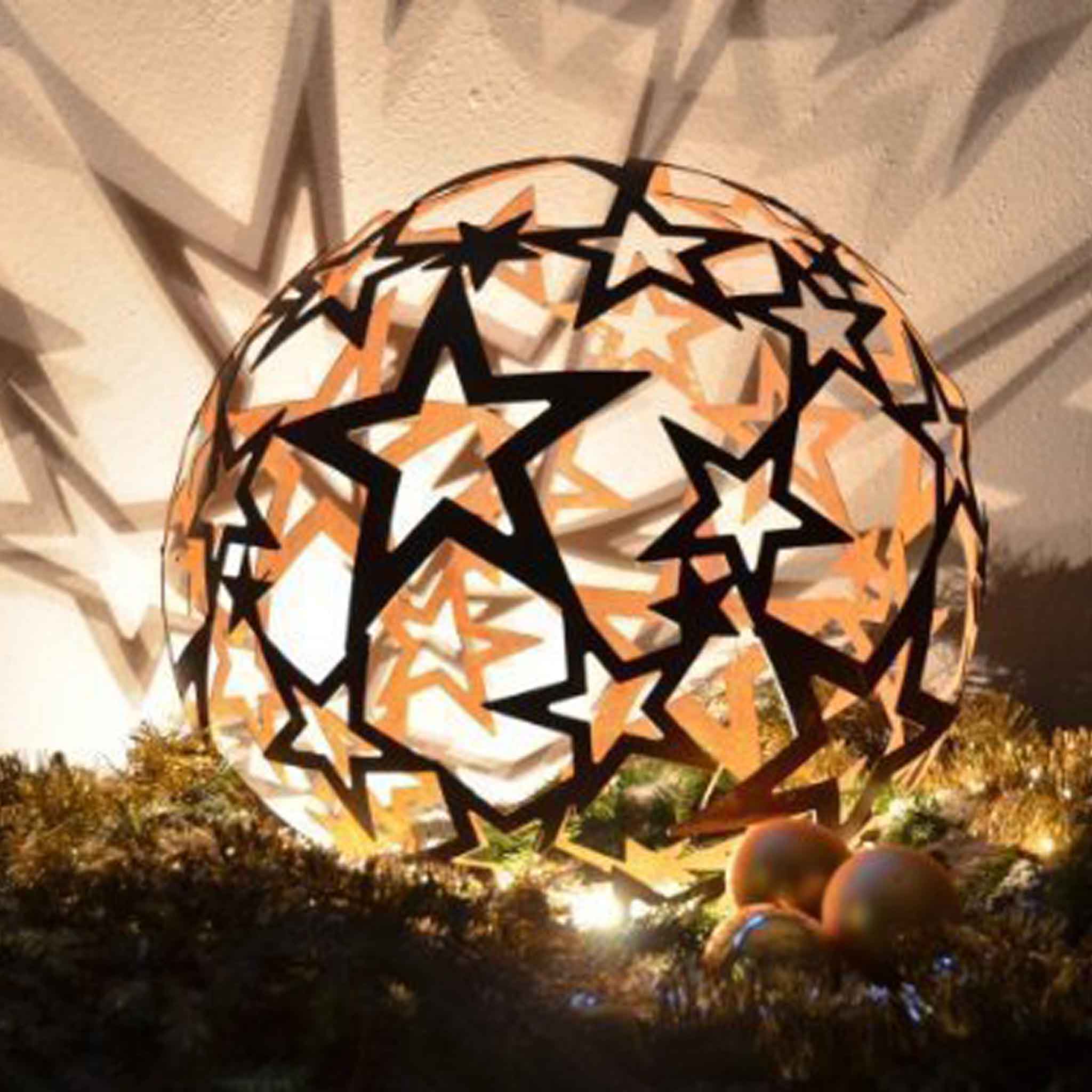 Illuminated Metal Sphere with Star Pattern — Christmas Yard Decor