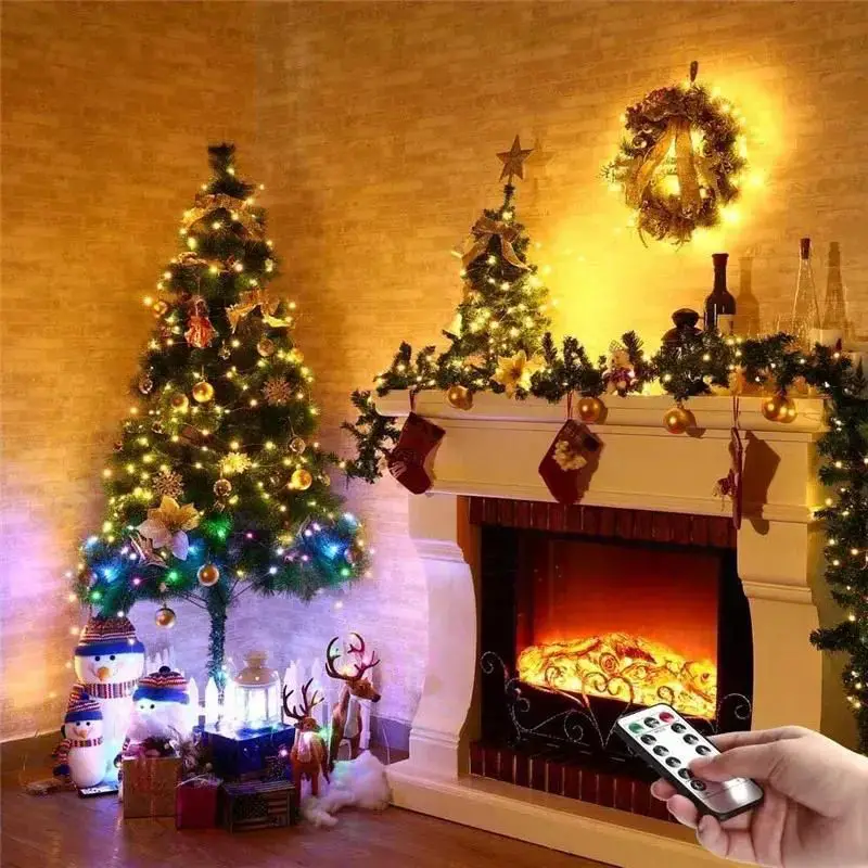 Wide Room Shot Cozy Christmas Living Room with Glowing Fireplace and Fairy Light Tree Wide Room Shot Cozy Christmas Living Room with Glowing Fireplace and Fairy Light Tree — Christmas Fairy Lights Living Room