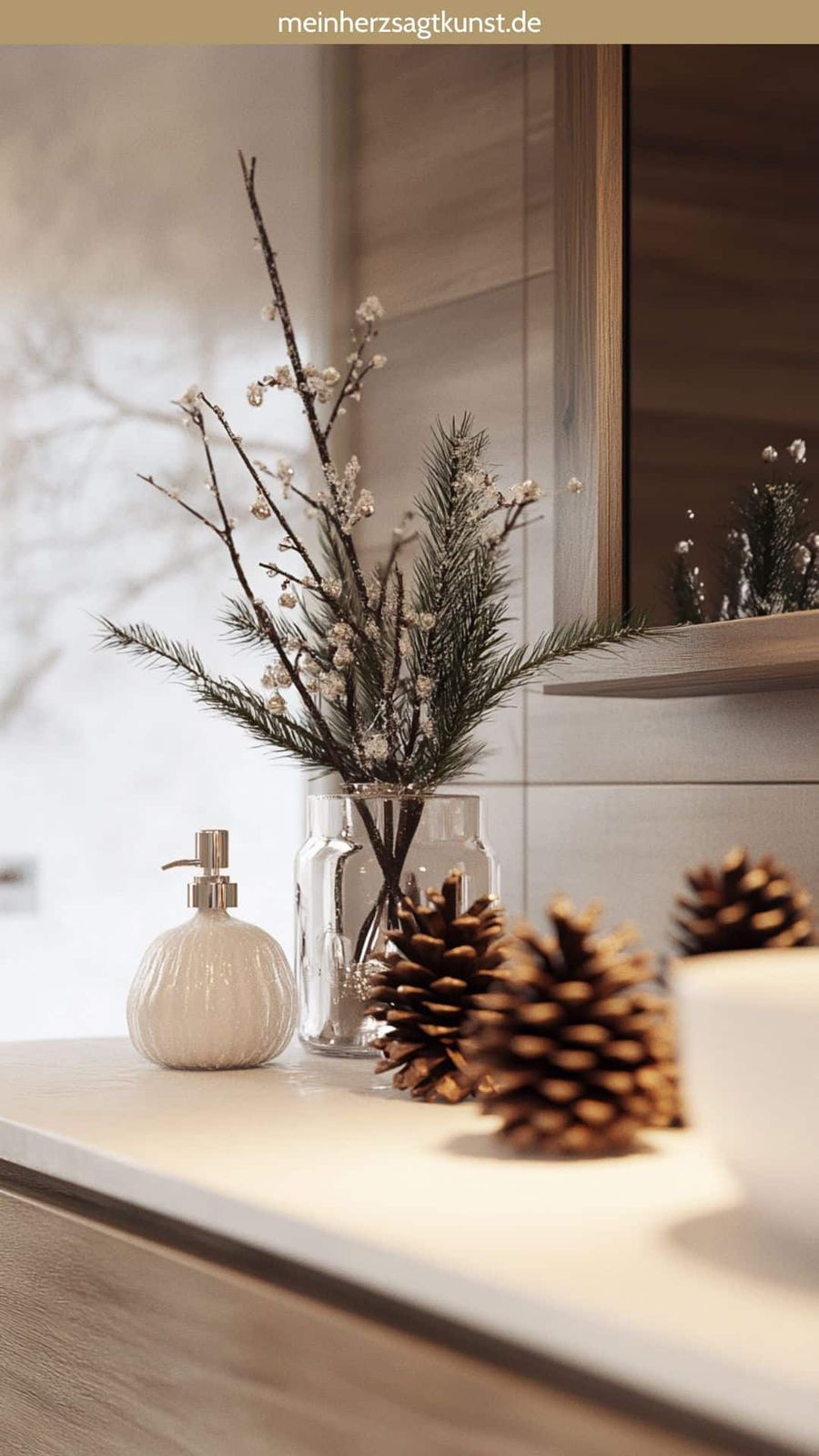 Wintery Countertop Arrangement with Pine Branches and Pinecones — Christmas Bathroom Decor