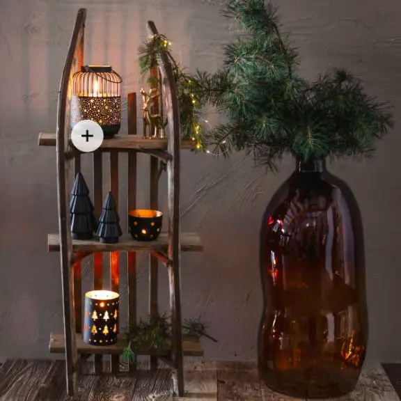 Rustic Sled Shelf with Lanterns and Pine Branches Rustic Sled Shelf with Lanterns and Pine Branches — Christmas Shelf Decor