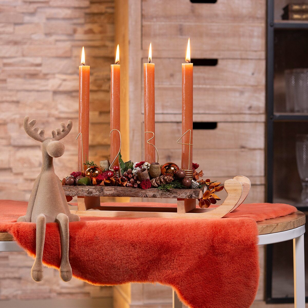 Rustic Sleigh Base with Orange Taper Candles — Christmas Window Candles