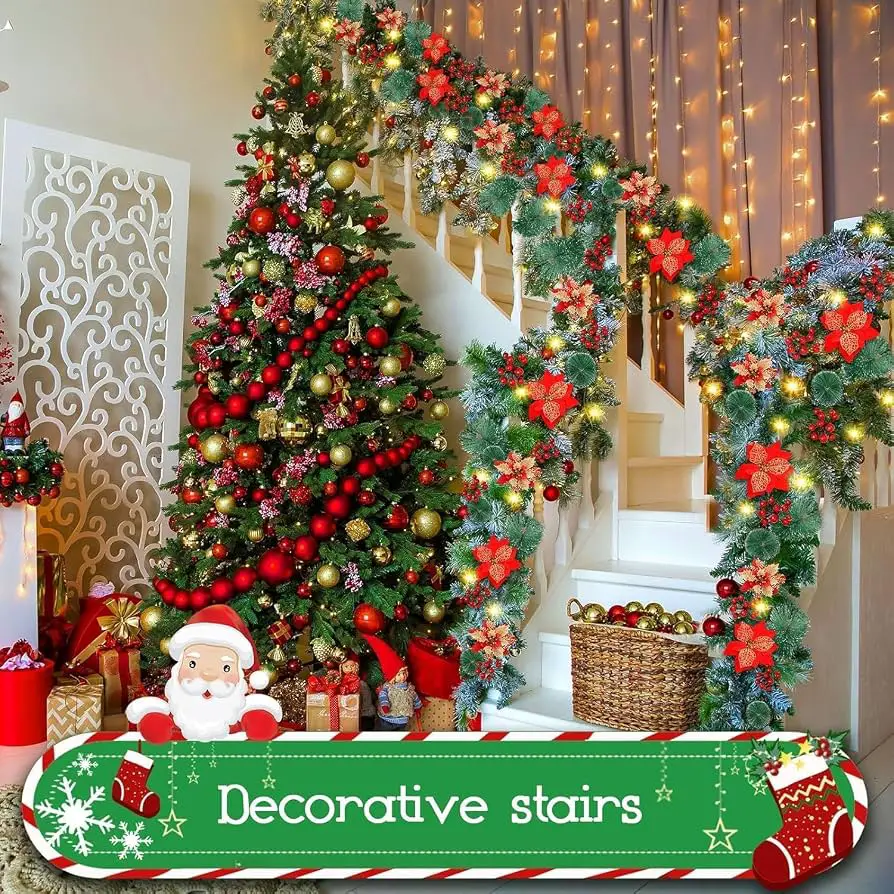 Traditional Indoor Staircase Garland with Poinsettias, Berries, and LED Lights — Christmas Garland