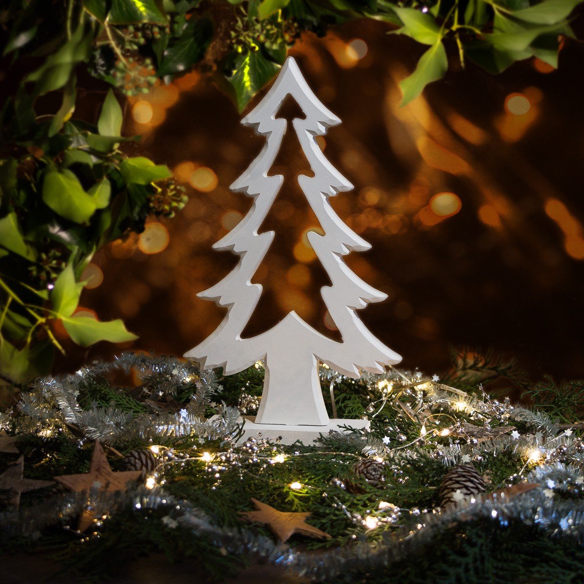Stark White Wooden Tree with Twinkling Lights — Tabletop Christmas Tree Decor
