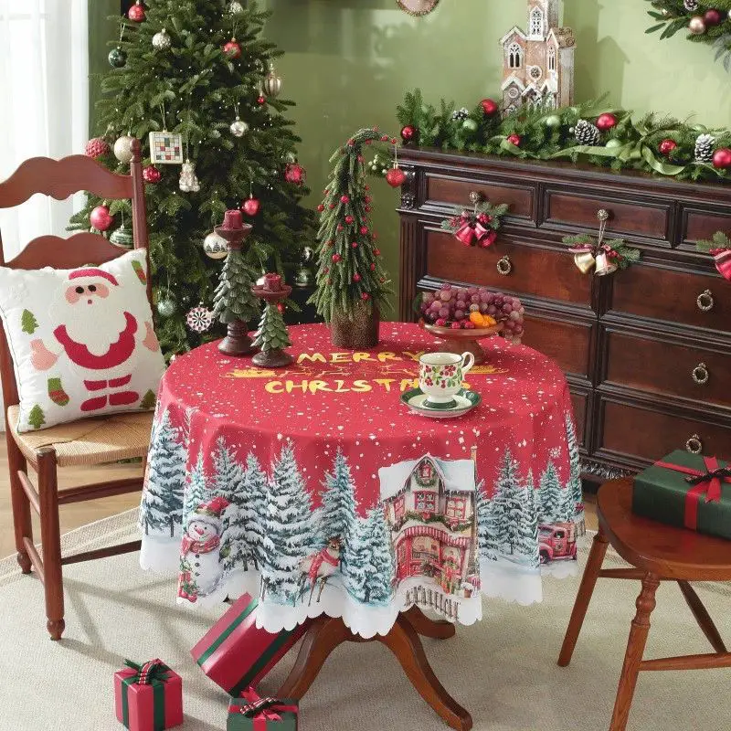 Traditional Dining Table with Snowy Village Tablecloth — Christmas Dining Room Decor