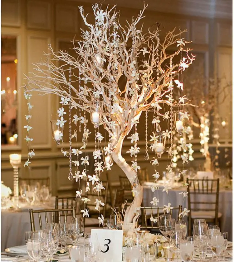 Whimsical White Tree Centerpiece with Hanging Ornaments — Christmas Wedding Decor
