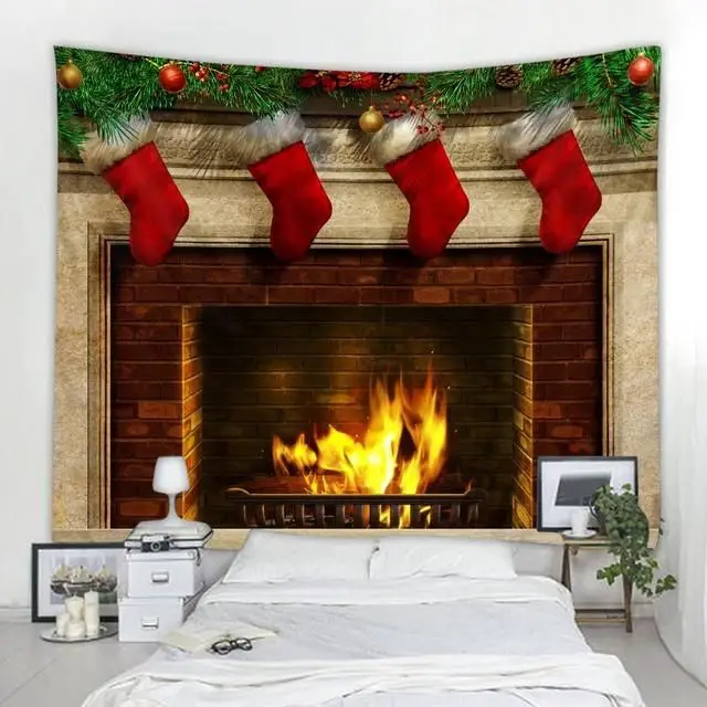 Traditional Bedroom with Fireplace Tapestry and Stockings — Christmas Bedroom Decor